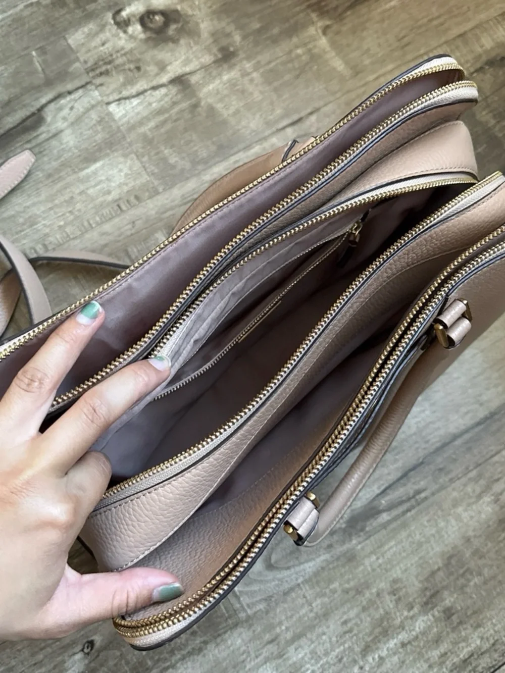 Tory Burch Taupe Pebbled Leather Satchel with Gold Hardware